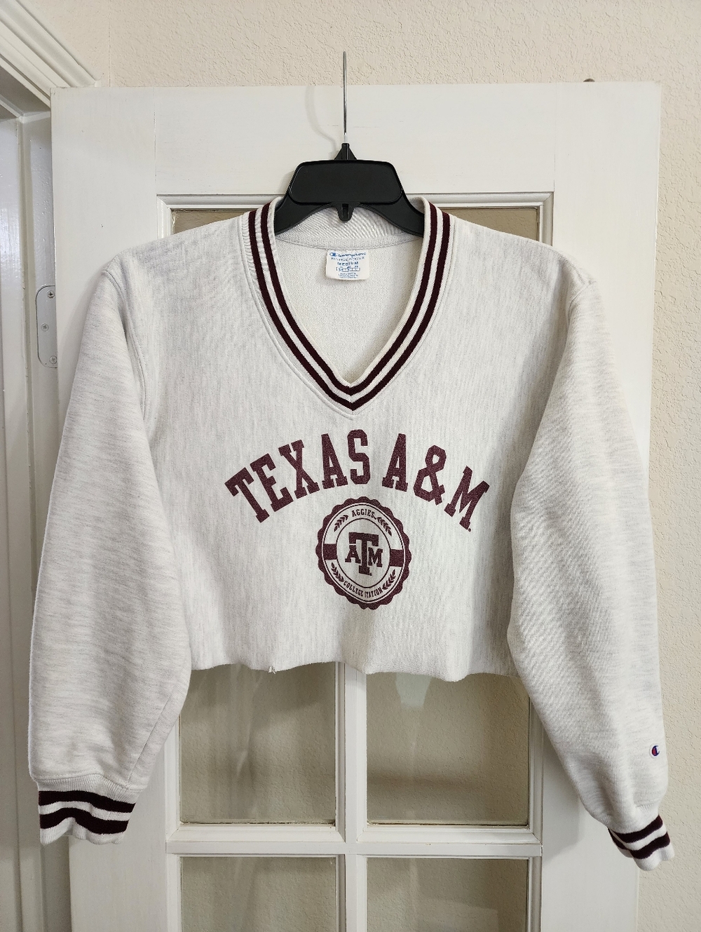 Champion Reverse Weave TX A&M Aggies Cropped V Neck Sweatshirt M FLAW READ DESC
